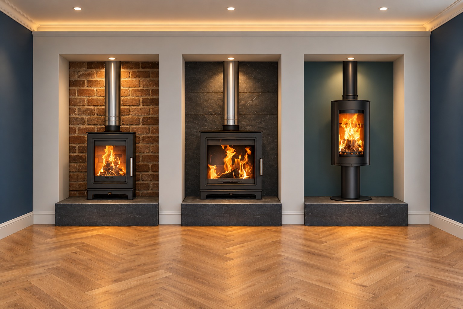 Rendered MI Fires showroom with Skiddaw, Grisedale and Rondo displays seated on slate hearths